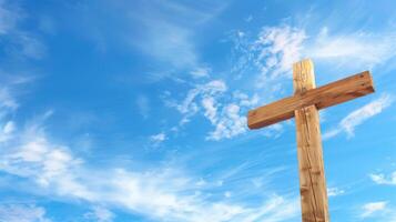 AI generated Easter Wooden Cross on Blue Sky photo