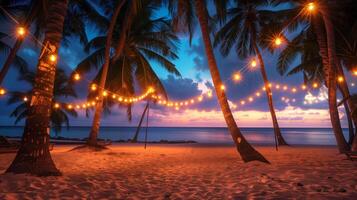 AI generated Twilight Beach Serenity with Fairy Lights photo