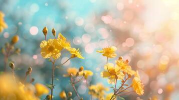 AI generated Springtime Dream   Yellow Blossoms Bokeh Background photo