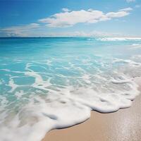 AI generated Beautiful sandy beach and soft blue ocean wave realistic photography photo