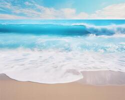 AI generated Beautiful sandy beach and soft blue ocean wave realistic photography photo