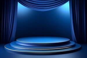 AI generated 3D podium blue background and fabric curtain photo