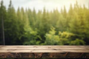 AI generated Display wooden board with blurred forest background photo