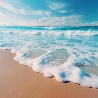 AI generated Beautiful sandy beach and soft blue ocean wave realistic photography photo