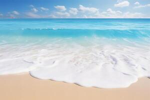 AI generated Beautiful sandy beach and soft blue ocean wave realistic photography photo