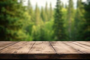 AI generated Display wooden board with blurred forest background photo