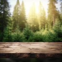 AI generated Display wooden board with blurred forest background photo