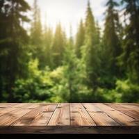 AI generated Display wooden board with blurred forest background photo