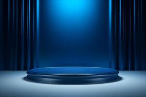 AI generated 3D podium blue background and fabric curtain photo