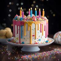 ai generado celebracion cumpleaños pastel con vistoso espolvorear foto