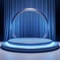 AI generated 3D podium blue background and fabric curtain photo