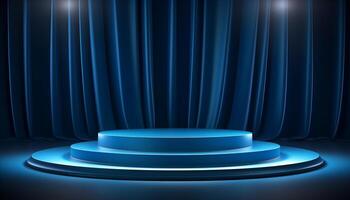 AI generated 3D podium blue background and fabric curtain photo