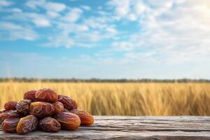 AI generated Dates on wooden table over field and sky background. Festive still life with copy space. Healthy vegan sweet food photo