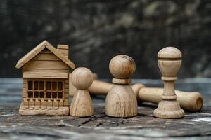 AI generated Wooden figurines of parents and children stand on table near toy house and judges hammer photo