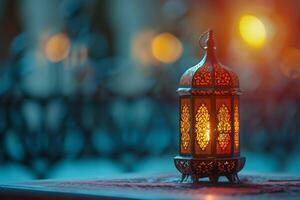 AI generated Arabic lantern with candle in mosque background for Ramadan photo