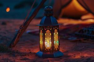 AI generated Illuminated Egyptian lantern by Arabic tent in the desert during Ramadan evening photo
