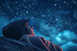 ai generado mundo día de dormir, noche estrellado cielo, inscripción, dormido mes en un gorra foto