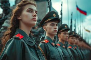 AI generated Concerned youth stand in the guard of honor in the Victory Memorial during the celebration of Victory Day photo