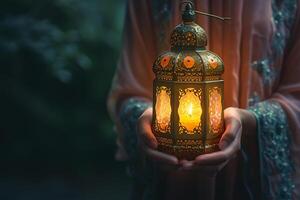 AI generated Female hands holding decorative lantern on dark background. Ramadan Kareem concept photo