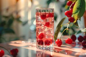 AI generated Glass of cherry juice on table in cafe, closeup. photo