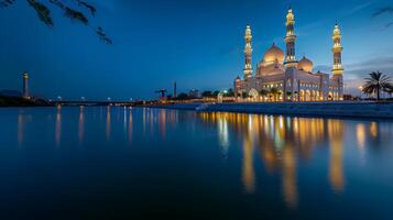 ai generado mezquita en el luz de la luna reflejado en el agua. islámico antecedentes foto