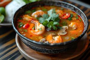 AI generated Tom Yum Goong, Thai spicy soup with shrimps. Tomyam photo