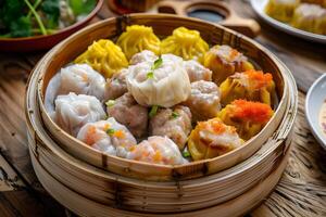 AI generated Dim Sum dumplings in bamboo basket on wooden table background photo