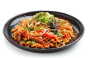 AI generated Yakisoba served on a plate isolated on a white background photo