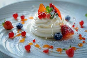 AI generated Pavlova cake with fresh berries on a white plate photo