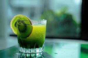 AI generated Glass of kiwi juice is on the table. closeup photo