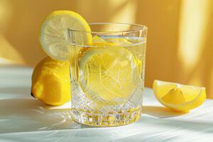 AI generated Glass of lemon juice is on the table. closeup photo
