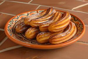 AI generated Churros in a ceramic plate on a rustic wooden table photo