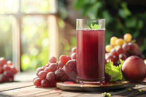 AI generated Glass of grape juice on table in cafe, closeup. photo