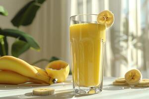 ai generado vaso de plátano jugo es en el mesa foto