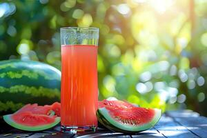 AI generated Glass of watermelon juice is on the table photo