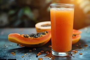 AI generated Glass of papaya juice on table in cafe, closeup. photo