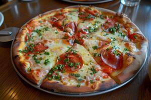 AI generated Pizza with salami, mozzarella cheese, tomatoes and herbs photo