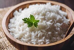 AI generated wooden bowl filled with white rice is placed alongside fresh garlic, creating a simple and appetizing culinary scene. photo