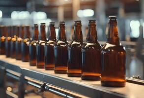 AI generated Banner Beer brewery conveyor. Brown glass alcohol bottles move on production line, modern equipment industrial drink with copy space photo