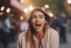 AI generated Excited shocking reaction. girl reacts with surprise with open mouth, AI Generative photo