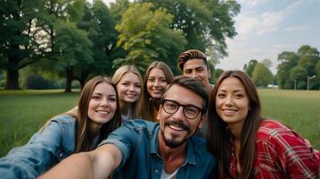 ai generado grande grupo de alegre joven amigos tomando selfie retrato. contento personas mirando a el cámara sonriente. concepto de comunidad, juventud estilo de vida y amistad foto