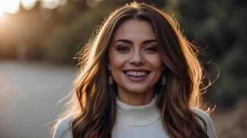 AI generated stunning woman with a radiant smile, flawless skin, and a touch of natural make-up, her pearly white teeth shining in the sunlight. photo