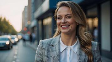 AI generated Happy young business woman, Young mixed race businesswoman smiling to camera,Portrait of successful business woman inside office, standing with arms crossed photo