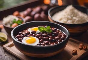 ai generado feijoada en un de madera mesa en un arcilla cuenco foto