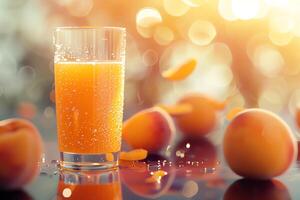 AI generated Glass of Peach juice is on the table. closeup photo