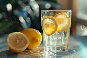 AI generated Glass of lemon juice is on the table. closeup photo