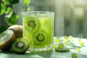 AI generated Glass of kiwi juice is on the table. closeup photo