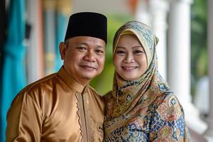 ai generado retrato de un malayo musulmán Pareja acogedor su invitado para el celebracion de hari raya foto