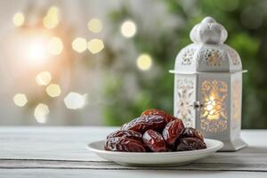 AI generated Dried dates on white plate and lantern with burning candle on white wooden table, bokeh light on background photo