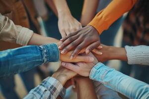 AI generated Homosexual diverse group of young people stacking hands photo